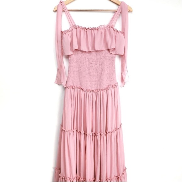 NEW- Lulu's Like a Fairy Tale Dusty Pink Smocked Tie-Strap Tiered Maxi Dress MD - Picture 2 of 16